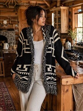 Black & Cream Geometric Fringe Cardigan Sweater Tribal Boho Cozy Knit Size M